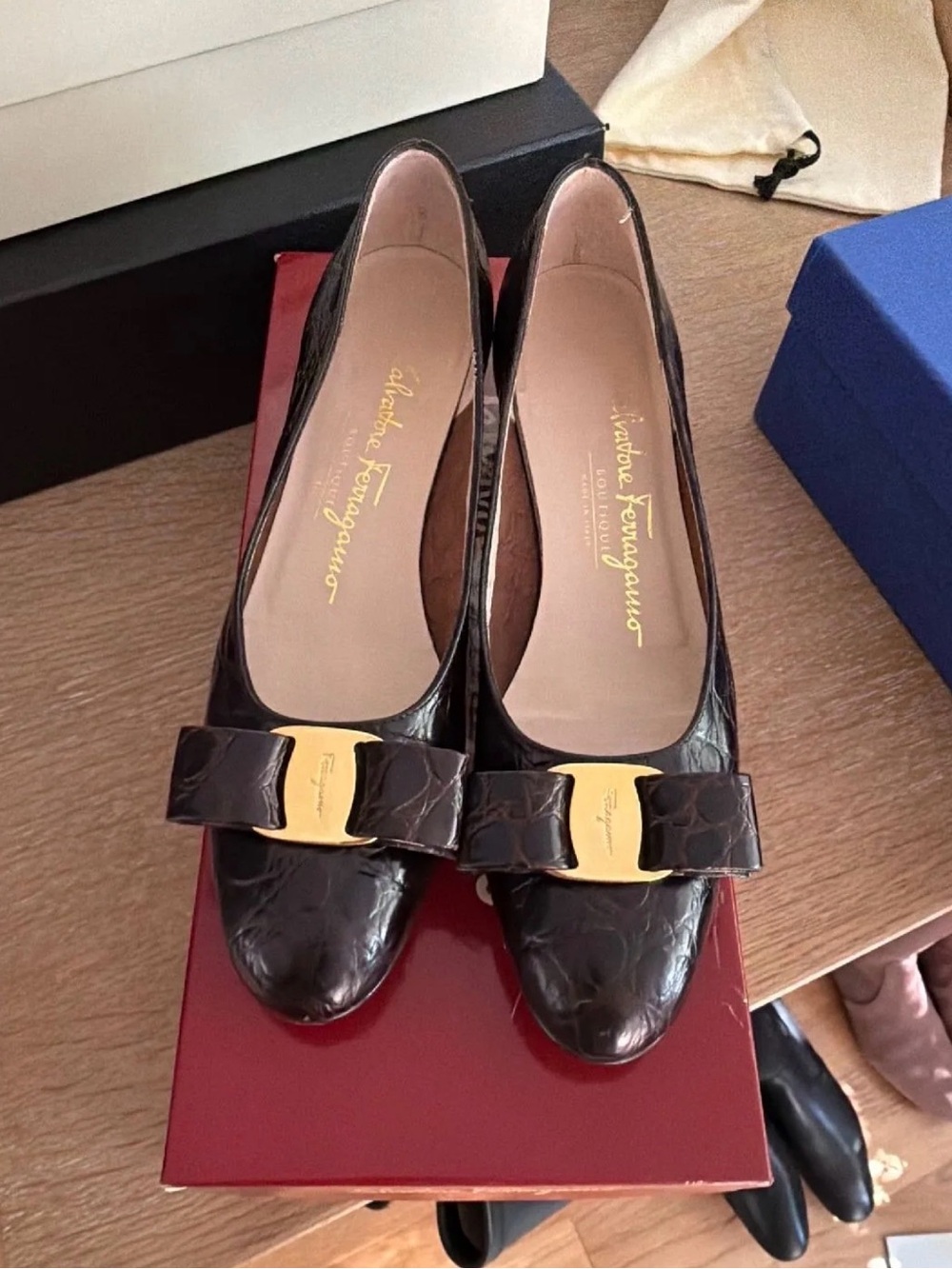 Salvatore Ferragamo Dark Brown Patent Vara Bow Flats with Gold Plaque